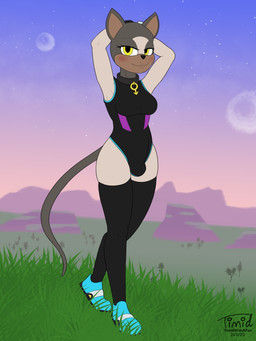 anthro biped breasts bulge clothed clothing detailed_background erection erection_under_clothing eyelashes footwear fur grass gynomorph intersex latex latex_clothing latex_skinsuit legwear looking_at_viewer mountain outside planet plant shoes skinsuit solo stockings text tight_clothing year timidwithapen sega sonic_the_hedgehog_(series) fan_character domestic_cat felid feline felis mammal 2020 3:4 absurd_res dated digital_media_(artwork) full-length_portrait hi_res portrait signature