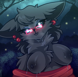 anthro big_breasts black_body black_fur black_nipples black_sclera blush bodily_fluids breasts clothing ear_piercing ear_ring female front_view fur glowing glowing_eyes grey_body grey_fur grey_hair hair half-closed_eyes looking_at_viewer mature_anthro mature_female narrowed_eyes nipples outside piercing red_clothing red_shirt red_topwear ring_piercing shirt shirt_down smile sweat topwear white_eyes nami955 torrin's_mom_(toxis) ambient_arthropod ambient_firefly ambient_insect unknown_species hi_res