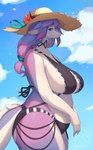 5_fingers anthro big_breasts bikini blue_eyes blush breasts clothed clothing cloud curvy_figure day female female_anthro fingers hair hat headgear headwear horn huge_breasts kemono looking_at_viewer multicolored_body multicolored_hair outside pink_body pink_hair purple_body purple_hair side_boob sky slightly_chubby solo swimwear tail tail_mane thick_thighs two-piece_swimsuit voluptuous white_body lcshian mythology lanya_(lcshian) dragon mythological_creature mythological_scalie scalie wingless_dragon 2021 digital_media_(artwork) hi_res portrait shaded three-quarter_portrait watermark