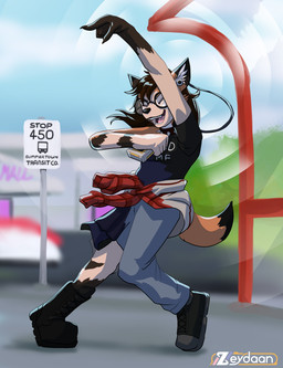 1990s_theme alternative_fashion anthro boots bus_stop cassette_player clothing collar dancing eyes_closed eyewear female footwear glasses happy human_to_anthro mid_transformation outside punk shirt shoes sign smile solo species_transformation spiked_collar spikes t-shirt text topwear transformation zeydaan_(artist) summertown_mall lucy_wilder canid canine fox human mammal red_fox true_fox absurd_res english_text hi_res