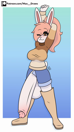anthro balls bedroom_eyes big_balls big_penis blush bottomwear breasts clothed clothed/nude clothing genitals gynomorph hair hand_behind_head happy high_boots huge_penis humanoid_genitalia intersex looking_at_viewer narrowed_eyes nude one_eye_closed penis ponytail seductive shorts simple_background solo standing stretching sweater topwear max_draws patreon molly_(max_draws) lagomorph leporid mammal rabbit cel_shading hi_res shaded