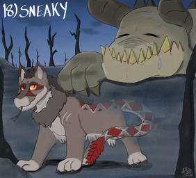 fur grey_body grey_fur grey_scales heterochromatic_scleras heterochromia invisible male markings orange_eyes paws red_body red_eyes red_markings red_scales scales scar zgf_art fallout inktober microsoft iddothings venrho_(razim) canid canine canis coyote deathclaw hybrid mammal night_stalker_(fallout) reptile scalie snake 2026 hi_res