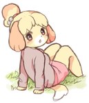 accessory anthro blush bottomwear breasts clothed clothing female fingers fur grass hair_accessory hair_bell looking_back open_mouth pink_bottomwear pink_clothing pink_shirt pink_shorts pink_topwear plant shirt shorts simple_background sitting solo topwear yellow_body yellow_fur yokikana_yk animal_crossing nintendo isabelle_(animal_crossing) canid canine canis domestic_dog mammal shih_tzu toy_dog digital_media_(artwork)