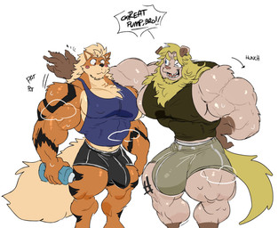 after_exercise anthro athletic_wear beard biceps big_bulge big_muscles big_pecs blonde_hair bottle bottomwear bulge bulge_size_difference clothing container deltoids duo eyebrows facial_hair fluffy fluffy_tail fur gym_bottomwear gym_shorts hair huge_bulge huge_muscles huge_pecs hyper hyper_bulge male male/male muscular muscular_anthro muscular_male orange_body orange_fur pecs shirt shorts simple_background tail tank_top text topwear triceps water_bottle white_background akachionmain nintendo pokemon arcanine canid canine felid generation_1_pokemon lion mammal pantherine pokemon_(species) english_text hi_res