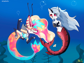 4_arms anthro bikini bikini_top bikini_top_only black_stripes bottomless breasts bubble cleavage clothed clothing crossed_arms duo eyelashes featureless_crotch female fur gills goo_hair hair heart_ring_(hardware) logo long_eyelashes long_hair multi_arm multi_limb multicolored_body multicolored_scales multicolored_tail navel neck_gills pink_eyes pseudo_hair red_body red_gills red_scales red_sclera red_tail scales small_waist split_form striped_ears stripes swimwear tail text topwear topwear_only translucent translucent_hair twitter_handle two-piece_swimsuit underwater waist_gills water white_body white_eyes white_fur white_hair yellow_body yellow_fur yellow_sclera thegiftedfire hellaverse helluva_boss mythology loona_(helluva_boss) queen_bee-lzebub_(helluva_boss) aquatic arthropod bee canid canid_demon canine canis demon fox hellhound hymenopteran insect mammal merfolk mythological_canine mythological_creature wolf 2025 artist_logo artist_name hi_res