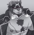 abs accessory anthro barazoku beard big_muscles big_pecs biped black_beard black_facial_hair breath chest_scar chest_tuft clothed clothing coat facial_hair fangs grey_background headband huge_muscles kemono looking_at_viewer male manly muscular muscular_anthro muscular_male nipple_piercing nipples open_clothing open_coat open_mouth open_smile open_topwear pecs piercing scar sharp_teeth simple_background smile smiling_at_viewer solo teeth topwear tuft juggermelon anothereidos_of_dragon_vein_r full_house_(anothereidos_r) canid canine canis mammal wolf 2024 bust_portrait greyscale hi_res monochrome portrait shaded