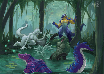abs anthro areola bioluminescence blue_body breasts claws clothing countershade_torso countershading featureless_crotch female finger_claws forest forest_background gloves glowing green_body green_skin group handwear lily_pad long_tail male markings membrane_(anatomy) moss multicolored_body multicolored_skin nature nature_background nipples nude partially_submerged pecs pink_areola pink_nipples plant pond purple_body sharp_teeth smile snout spiked_tail spikes spikes_(anatomy) splash splashing_water striped_body striped_markings stripes tail teeth tongue tree vines webbed_hands white_body white_skin snarlydraws alligator alligatorid arthropod crocodilian insect reptile scalie 2025 hi_res watermark
