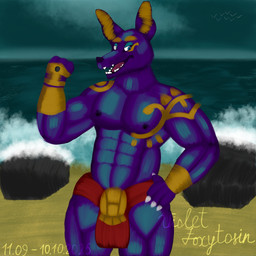 abs anthro armor beach big_muscles black_body blue_eyes bottomwear bracers clothed clothing detailed_background egyptian eyebrows facial_piercing fangs flexing fur gauntlets gloves golden_markings handwear jewelry loincloth male muscular muscular_male nipples nose_piercing nose_ring partially_clothed partially_clothed_anthro partially_clothed_male pecs piercing ring_piercing rock sea seafoam_(water) solo teeth water white_sclera violet_foxytosin adastra adastra_(series) echo_project neferu_(adastra) ambient_bird anubian_jackal canid canine canis jackal mammal 1:1 2025 dated digital_media_(artwork) hi_res krita_(artwork) signature