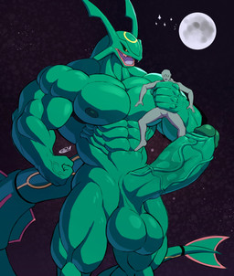 abs ambiguous_gender anthro anthrofied areola balls big_balls big_muscles big_penis biped duo erection fist full_moon genitals glans green_balls green_body green_penis holding_character huge_balls huge_muscles huge_penis larger_anthro larger_male looking_at_another macro male moon muscular muscular_anthro muscular_male nipples nude open_mouth pecs penis pokemorph size_difference smaller_ambiguous smaller_humanoid space vein veiny_penis yellow_eyes e-zoid nintendo pokemon anon generation_3_pokemon humanoid legendary_pokemon pokemon_(species) rayquaza absurd_res hi_res