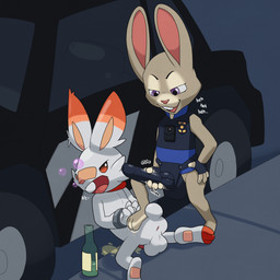 3_toes 4_fingers anthro anus balls bodily_fluids bottle bound brown_body brown_fur car container cuff_(restraint) dildo dominant dominant_female drunk duo erection feet female fingers fur genital_fluids genitals handcuffed handcuffs hands_behind_back hands_tied imminent_pegging imminent_sex male male/female metal_cuffs motion_lines nude outside penis public purple_eyes restraints sex_toy shackles sound_effects standing strapon submissive submissive_male substance_intoxication toes urine vehicle white_body white_fur argon_vile disney nintendo pokemon zootopia judy_hopps generation_8_pokemon lagomorph leporid mammal pokemon_(species) rabbit scorbunny 1:1 2019 hi_res signature