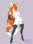 anthro areola armwear breasts clothing eyewear female genitals glasses hair legwear long_hair nipples pussy solo tattoo crowhite clara_(crowhite) domestic_cat felid feline felis mammal absurd_res hi_res