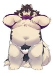 anthro belly big_belly bulge clothed clothing clothing_lift kemono male moobs navel overweight overweight_male pubes shirt shirt_lift simple_background solo topwear underwear white_background l4zily canid canine canis domestic_dog mammal 2023 absurd_res hi_res