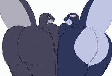 anthro big_butt black_body brown_eyes butt butt_bumping butt_focus duo female grey_body grey_butt male male/female orange_eyes shaking_butt simple_background tail white_background pazzl hera_(reececav27) aquatic cetacean dolphin mammal oceanic_dolphin orca toothed_whale animated