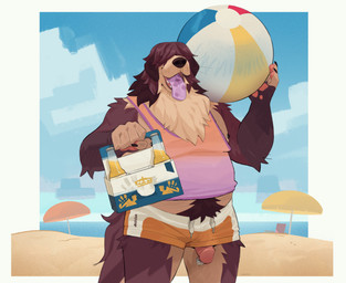alcohol_bottle anthro ball barbell_piercing beach_ball beach_umbrella belly beverage_bottle bottle bottomwear brown_body brown_fur clothing container flaccid fur genital_piercing genitals hair hair_over_eyes holding_ball holding_object hotpants humanoid_genitalia humanoid_penis inflatable male male_anthro nipple_barbell nipple_piercing nipples outside overweight overweight_anthro overweight_male parasol penis penis_piercing penis_poking_out penis_through_leghole piercing pink_penis prince_albert_piercing sand shirt shorts small_shorts solo spotted_tongue standing tail tan_body tan_fur tank_top tongue tongue_out topwear wardrobe_malfunction whiskers remulle_(artist) anheuser-busch_inbev_sa/nv corona_(beer) toroid canid canine canis domestic_dog mammal 2023 english_description hi_res