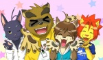 anthro black_body black_fur brown_body brown_fur clothing eyes_closed eyewear fur glasses group hair hoodie looking_at_viewer male one_eye_closed open_mouth red_hair tan_body tan_fur teeth tongue topwear yellow_body yellow_eyes yellow_fur 屮竹 lucky_star morenatsu kounosuke_(morenatsu) shin_(morenatsu) shun_(morenatsu) soutarou_(morenatsu) canid canine canis domestic_cat felid feline felis lion mammal pantherine raccoon_dog tanuki wolf