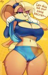 anthro big_breasts blonde_hair bodily_fluids bottomwear breasts camel_toe cleavage clothed clothing dialogue female hair musk shorts simple_background solo steam sweat thick_thighs wide_hips yellow_background krokobyaka looney_tunes warner_brothers lola_bunny lagomorph leporid mammal rabbit 2024 hi_res