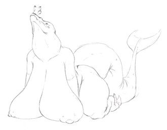 ambiguous_gender anthro areola big_breasts breasts duo female huge_breasts lying mouth_closed nipples nude on_front simple_background tail three-quarter_view unsigned white_background wide_hips upai aquatic archaeocete arthropod basilosaurid basilosaurus butterfly cetacean insect lepidopteran mammal prehistoric_species whale monochrome