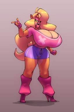anthro big_breasts bottomwear breasts cleavage clothed clothing female fingerless_gloves footwear gesture gloves hair hair_over_eye hand_gesture handwear high_heels hotpants huge_breasts leg_warmers legwear one_eye_obstructed pointing shoes shorts solo thick_thighs tongue tongue_out bigdad activision crash_bandicoot_(series) tawna_bandicoot bandicoot mammal marsupial hi_res