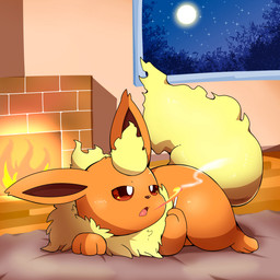 ambiguous_gender brown_inner_ear cigarette detailed_background feral fire fireplace fluffy fluffy_tail fur half-closed_eyes head_tuft inside lying moon multicolored_body multicolored_fur narrowed_eyes neck_tuft night on_front open_mouth orange_body orange_fur quadruped red_eyes solo star tail tuft two_tone_body two_tone_fur window yellow_body yellow_fur tatu_wani nintendo pokemon eeveelution flareon generation_1_pokemon pokemon_(species) 1:1 2022 digital_media_(artwork) hi_res