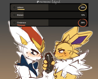 anthro black_dildo blush bodily_fluids claws dildo duo duo_focus group male poll sex_toy shaking sweat text trembling white_body yellow_body lisyrnik nintendo patreon pokemon cinderace eeveelution generation_1_pokemon generation_8_pokemon jolteon pokemon_(species) 5:4 url