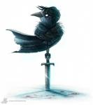 anthro beak black_body black_feathers black_hair blood bodily_fluids cape clothing copyright_symbol empty_eyes feathers hair humor male melee_weapon pun simple_background solo sword symbol visual_pun weapon white_background white_eyes piper_thibodeau game_of_thrones jon_snow avian bird corvid corvus_(genus) crow oscine passerine digital_media_(artwork) digital_painting_(artwork) painting_(artwork)