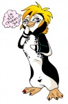 anthro beak black_body blonde_hair blue_eyes ear_tails female fur hair heart_symbol short_hair simple_background solo text thought_bubble white_background white_body white_fur zeriara surf's_up fan_character avian bird penguin digital_media_(artwork) english_text