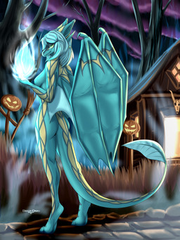 anthro breasts butt claws female forest hair holidays hut looking_at_viewer magic nude plant solo standing tail tree wings dreyk-daro halloween mythology tina_(dreyk-daro) dragon mythological_creature mythological_scalie scalie 3:4 absurd_res hi_res