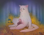 back_tuft balls brown_balls cat_smile chest_tuft darkened_balls darkened_genitalia detailed_background digitigrade erection eyebrows eyes_closed feral fur genitals grass light light_beam male multi_nipple nipples penis pink_inner_ear pink_nipples pink_penis plant semi-anthro shrub sitting solo tuft white_body white_fur truemew domestic_cat felid feline felis mammal 2025 digital_media_(artwork) hi_res