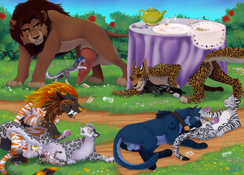 after_kiss anal anal_penetration animal_genitalia animal_penis anus balls big_balls bisexual blush bodily_fluids cum cum_from_ass cum_from_vagina cum_in_ass cum_in_vagina cum_inside cunnilingus erection extreme_size_difference eye_scar eyes_closed face_lick facial_scar fangs feet feline_genitalia feline_penis female female_penetrated feral feral_on_feral feral_penetrated feral_penetrating feral_penetrating_feral fur furniture genital_fluids genitals grass group group_sex half-closed_eyes hugging_penis leaking leaking_precum licking licking_another licking_partner looking_back looking_pleasured lying male male/female male/male male_penetrated male_penetrating male_penetrating_female male_penetrating_male markings narrowed_eyes on_back one_eye_closed open_mouth oral orgy outside outside_sex parallel_sex pawpads paws penetration penile penile_penetration penile_spines penis penis_lick plant plate precum precum_string pussy_juice_leaking sabertooth_(anatomy) saliva saliva_on_penis saliva_string scar sex sitting size_difference smaller_penetrated smile spots spread_legs spreading table tail teapot teeth text threesome toes tongue tongue_out vaginal vaginal_fluid_string vaginal_fluids vaginal_fluids_on_vulva vaginal_penetration vulva caraluca shembreopheline alice_in_wonderland kia_wolfszahn cheetah druid_(feral) felid feline lion mammal pantherine snow_leopard tiger absurd_res digital_media_(artwork) english_text hi_res