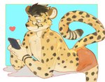 5_fingers anthro athletic belly biceps black_hair clothed clothing electronics eyewear fangs fingers fur glasses hair looking_at_object looking_at_phone male markings phone red_clothing red_underwear solo spots spotted_body spotted_fur tail teeth topless underwear underwear_only yellow_body yellow_eyes yellow_fur yuuko891 panzica cheetah felid feline mammal 2025 absurd_res hi_res