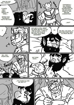 anthro bed clothed clothing dialogue duo facial_scar food furniture hairy male muscular muscular_male on_bed scar text wounded husky92 european_mythology greek_mythology mythology bovid bovine humanoid mammal minotaur orc comic english_text hi_res monochrome multiple_scenes