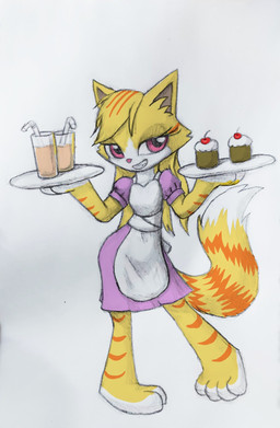 anthro apron barefoot clothing dress eyelashes fangs feet female fur hair paws pink_nose seductive serving_beverage serving_food serving_tray solo stripes tail teeth waiter waitress_uniform yellow_body yellow_fur taiwan_coolfox shooki_the_cat surechie_(taiwan_coolfox) xiao_qing domestic_cat felid feline felis mammal hi_res