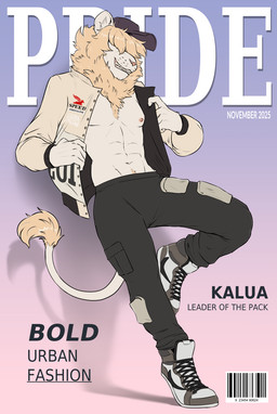 5_fingers abs anthro areola biped bottomwear clothed clothed_anthro clothed_male clothing fingers front_view fully_clothed fully_clothed_anthro fully_clothed_male fur male mane navel nipples smile solo standing tail teeth text topwear foxovh kalua felid lion mammal pantherine 2025 digital_drawing_(artwork) digital_media_(artwork) english_text hi_res