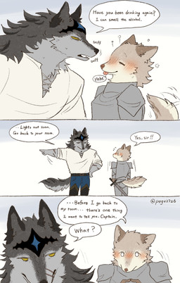 alcohol anthro armor beverage black_body black_fur blush blush_lines bodily_fluids dialogue duo facial_scar fluffy fluffy_tail fur grey_body grey_fur kemono knight knight_armor looking_at_another male male/male medieval_armor melee_weapon military multicolored_body multicolored_fur no_pupils pointy_ears scar soldier substance_intoxication sweat sweatdrop sword tail tail_motion tailwag tan_body tan_fur text tongue tongue_out two_tone_body two_tone_fur warrior weapon white_body white_fur pegu2726 canid canine canis mammal wolf 2026 absurd_res comic english_text hi_res