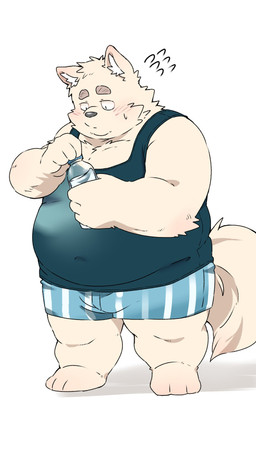 3_toes 4_fingers anthro belly big_belly biped black_nose blush bottle bulge clothing container feet fingers humanoid_hands kemono looking_down male navel overweight overweight_male shirt simple_background solo standing toes topwear underwear white_background inunoshippo canid canine canis domestic_dog mammal 2026 9:16 hi_res