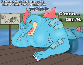 anthro blue_body claws lake looking_at_viewer male open_mouth outside partially_submerged signpost solo tail teeth text tongue water tastytales nintendo pokemon feraligatr generation_2_pokemon pokemon_(species) 2026 english_text hi_res