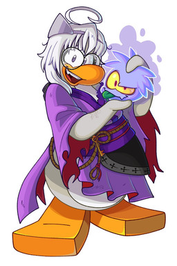 ahoge ambiguous_gender anthro clothing dress duo eyewear female feral fur glasses green_tongue hair key looking_at_viewer purple_body purple_clothing purple_dress purple_eyes round_eyewear simple_background tongue tongue_out torn_clothing upper_teeth_only white_background white_body white_fur white_hair yellow_sclera astroclicker club_penguin avian bird ghost_puffle penguin puffle 2:3 full-length_portrait hi_res portrait