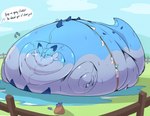 bag belly big_belly blue_body body_inflation dialogue encouragement female fence feral huge_belly hyper hyper_belly immobile inflation liquid_inflation offscreen_character outside solo speech_bubble text water_inflation white_body garuda_six palworld pocketpair chillet pal_(species) hi_res