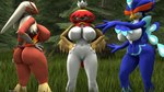 anthro beak big_breasts blue_body blue_eyes blue_skin breasts brown_body brown_eyes brown_skin butt featureless_breasts female genitals grass group hand_on_hip looking_at_viewer nude plant pokemorph pose pussy red_body red_eyes red_skin side_boob standing tree trio white_body white_skin yellow_body yellow_sclera yellow_skin baek-myo nintendo pokemon pokemon_legends_arceus blaziken generation_3_pokemon generation_8_pokemon generation_9_pokemon hisuian_decidueye hisuian_form pokemon_(species) quaquaval regional_form_(pokemon) 16:9 2023 3d_(artwork) digital_media_(artwork) hi_res source_filmmaker_(artwork) widescreen