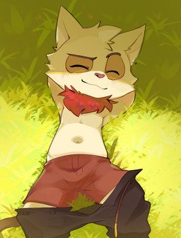 anthro belt blush bottomwear bottomwear_down boxers_(clothing) clothed clothing eye_spots eyes_closed fur grass head_tuft lying lying_on_ground male male_anthro navel on_back on_grass on_ground open_belt open_bottomwear open_clothing open_pants pants pants_down partially_clothed partially_clothed_anthro partially_clothed_male plant red_boxers red_clothing red_underwear smile smiling_at_viewer smirk smirking_at_viewer snout solo tan_body tan_fur topless topless_anthro topless_male tuft underwear smite_(artist) league_of_legends riot_games tencent teemo_(lol) mammal yordle digital_media_(artwork) hi_res