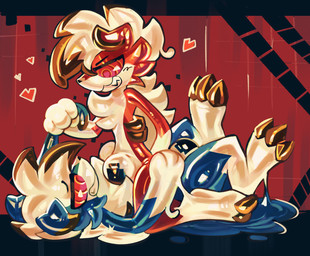 after_transformation anthro big_bulge blue_body bulge duo glistening glistening_body goo_transformation hypnosis male male/male mind_control null_bulge paws red_body smug transformation latexm4n nintendo pokemon generation_7_pokemon lycanroc pokemon_(species) hi_res