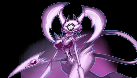 black_background black_lips blade breasts eyeless featureless_breasts female front_view lips purple_body sharp_teeth simple_background small_waist smile solo tail tail_blade teeth thick_lips thick_thighs weapon_tail wide_hips blightedhelix humanoid