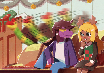 afterimage ambiguous_gender anthro antlers bangs biped blonde_hair blush blush_stickers brown_body brown_eyes brown_fur brown_hair buckteeth cartoon_freckles clothed clothing detailed_background duo_focus eye_contact eyelashes female female/female freckled_face freckles fur furniture group hair horn long_eyelashes long_hair looking_at_another motion_blur motion_lines on_sofa purple_body purple_scales scales sitting snout sofa teeth trio yellow_body yellow_sclera yellow_skin watanolemont deltarune undertale_(series) kris_dreemurr noelle_holiday susie_(deltarune) deer human mammal new_world_deer scalie soul_(undertale) 2026 digital_drawing_(artwork) digital_media_(artwork) hi_res signature