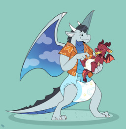 anthro clean_diaper clothed clothing cloud diaper diaper_fetish diaper_only duo hair horn male neonate object_in_mouth pacifier pacifier_in_mouth padded padding shirt simple_background smile tail topless topwear wearing_diaper wings young bubblepuppers mythology dragon mythological_creature mythological_scalie scalie hi_res