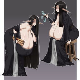big_breasts breasts clothed clothing dress ear_piercing female fully_clothed hair hanging_breasts huge_breasts hyper hyper_breasts jewelry long_ears long_hair piercing sagging_breasts solo thick_thighs geeee2e2 elf humanoid 1:1 absurd_res hi_res