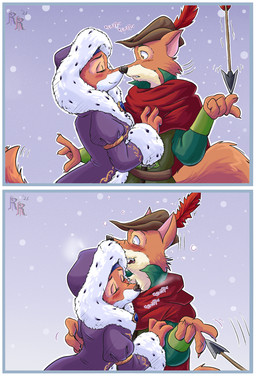 4_fingers alternate_costume anthro anthro_on_anthro arrow_(weapon) black_nose border breasts bycocket canon_couple cheek_tuft claws clothed clothed_anthro clothed_female clothed_male clothing countershade_face countershading dress duo eyebrows eyelashes eyes_closed facial_tuft fangs female female_anthro finger_claws fingers fur hat headdress headgear headwear humanoid_hands male male/female male_anthro multicolored_body multicolored_fur nose_to_nose open_mouth outline pupils ranged_weapon red_body red_fur redesign shirt smile sniffing snout teeth text topwear tuft two_tone_body two_tone_fur weapon white_body white_border white_fur white_outline gomerz22 disney robin_hood_(disney) maid_marian robin_hood canid canine fox mammal red_fox true_fox 2026 comic dated digital_media_(artwork)