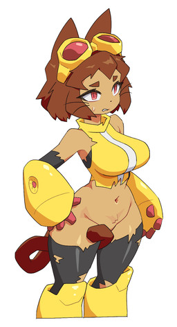anthro big_breasts bottomless breasts brown_body brown_hair clothed clothing eyebrows eyelashes eyewear eyewear_on_head female goggles goggles_on_head hair hand_on_hip navel red_eyes solo tail_covering_crotch torn_clothing whiskers wide_hips neamo gameoverse glitch_productions kit_bodega domestic_cat felid feline felis mammal 2026 hi_res