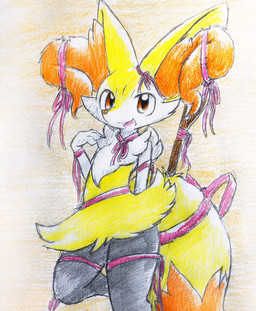 ambiguous_anthro ambiguous_gender anthro biped bow_ribbon digitigrade hair looking_at_viewer object_in_tail on_one_leg open_:3 open_mouth open_smile ribbons simple_background smile snout solo standing stick stick_in_tail tail tied_hair tongue eiroru nintendo pokemon braixen canid generation_6_pokemon mammal pokemon_(species) 2019 colored_pencil_(artwork) graphite_(artwork) hi_res japanese_description portrait three-quarter_portrait traditional_media_(artwork) translated_description