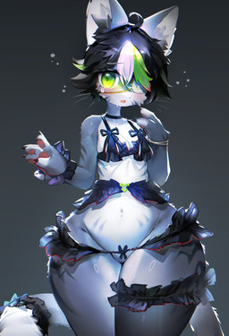 anthro black_hair blush bodily_fluids breasts choker clothed clothing crying eye_patch eyewear featureless_crotch female fur green_eyes green_hair grey_body grey_fur hair huge_thighs jewelry kemono lingerie looking_at_viewer midriff multicolored_hair navel necklace one_eye_obstructed open_mouth pawpads skimpy small_breasts solo standing tail tears thick_thighs white_hair wide_hips utterangle domestic_cat felid feline felis mammal character_request hi_res
