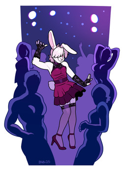 ambiguous_gender ankle_strap_heels anthro arm_tuft buckteeth clothing collar colored_nails covered_eye dancing dress elbow_tuft footwear fur hair high_heels lace lace_gloves legwear lopped_ears nails pink_hair red_eyes shoes smile solo stockings tail teeth thigh_highs tuft underarm white_body white_fur blackshirtboy coffee_buns mice_tea leo_bianco lagomorph leporid mammal rabbit 2025 absurd_res hi_res